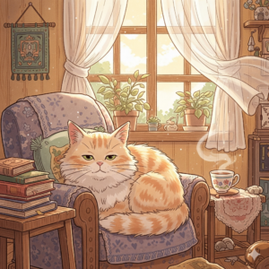 高齢な猫が自宅でリラックスしているようす