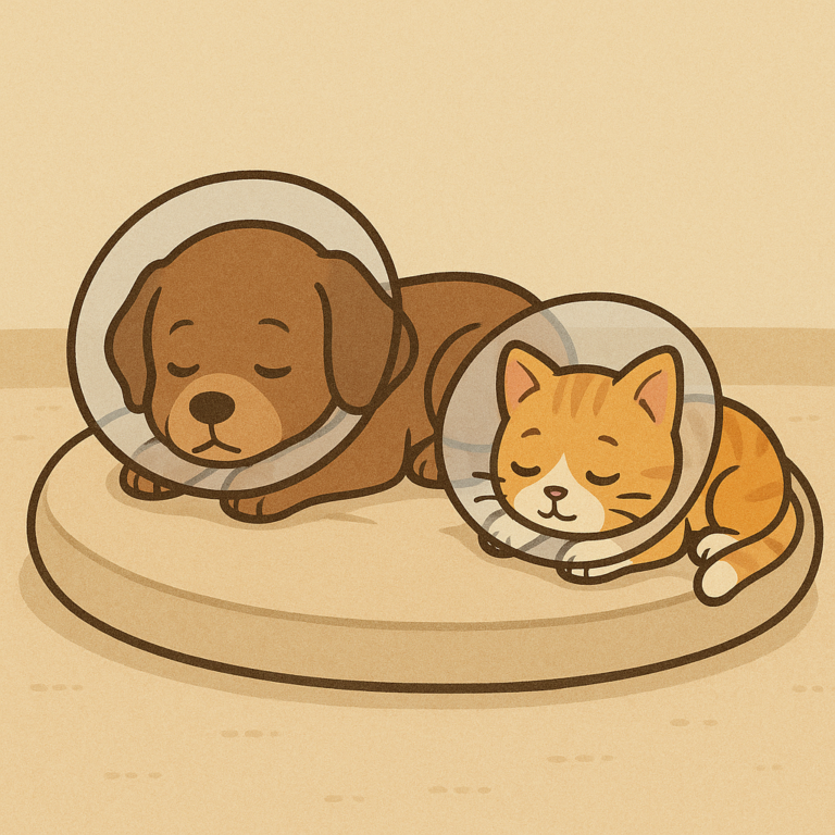 手術後の犬とネコ。アニマルネッカーをつけている。