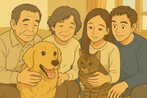 シニアの犬猫を囲む家族のイラスト