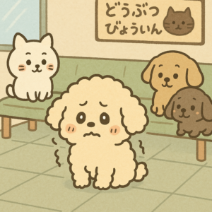 動物病院の待合室で震えている犬