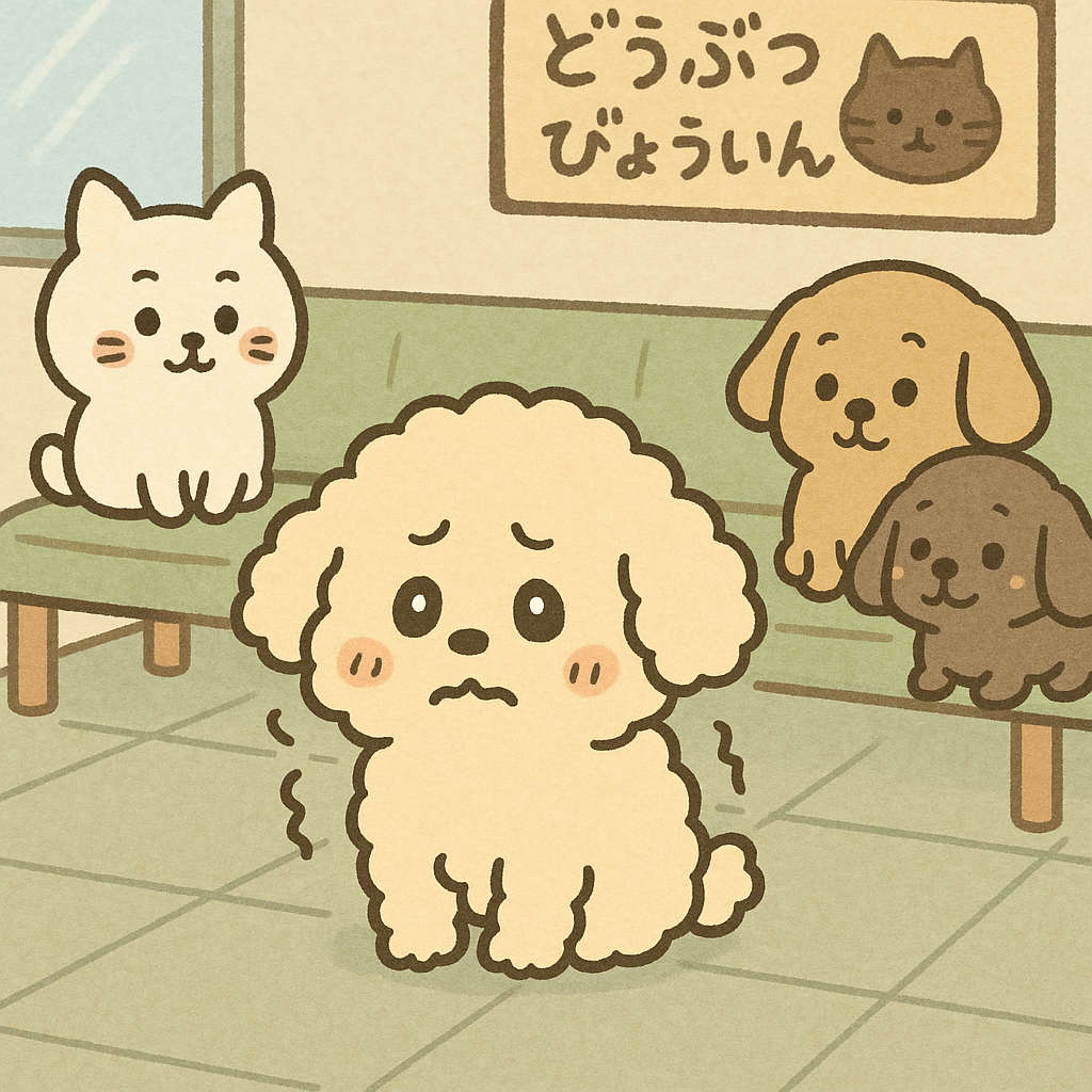 動物病院の待合室で震えている犬