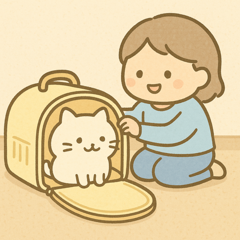 キャリーバックに入る練習をしている猫と飼い主